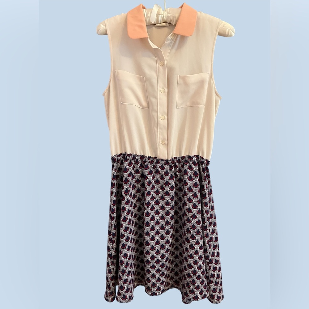 Maison Jules Dress Women's Size Medium Navy Blue Cream Peach Sleeveless Collar